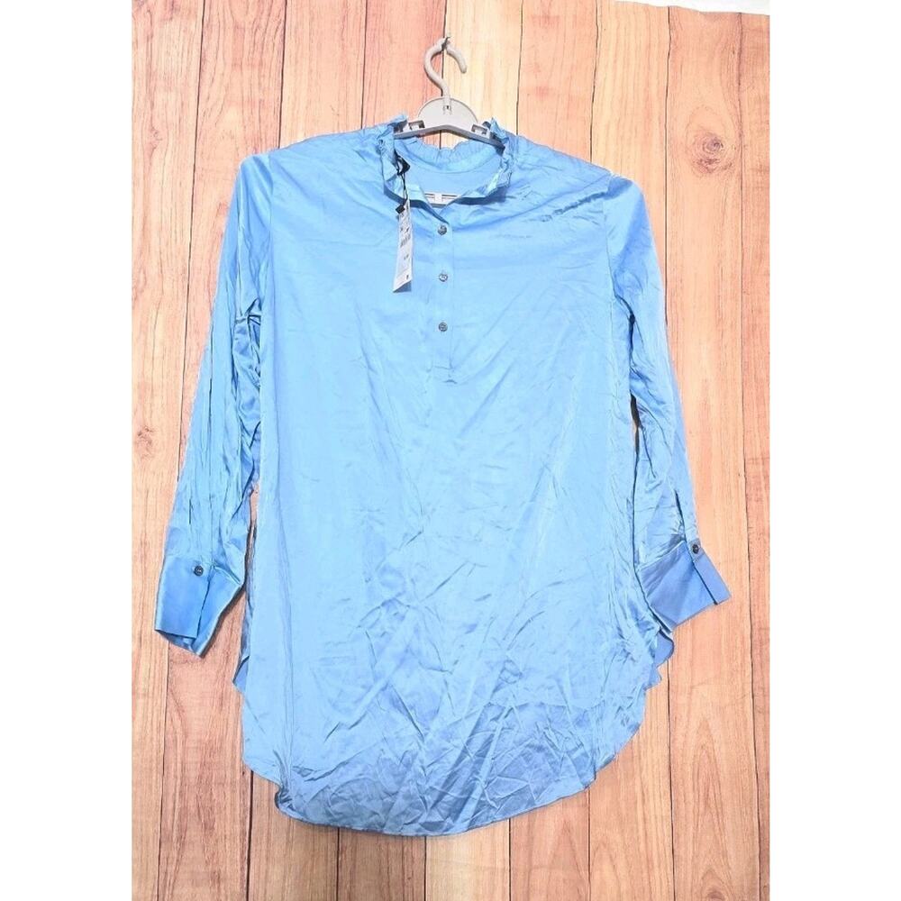 Zara Satin Blouse Top Womens XL Large Blue Long Button Sleeves V Neck NWT - Picture 5 of 9